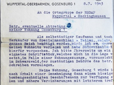 1943.  Gesuch des Vaters Wilhelm Kötter auf Umzug in den Schwarzwald.