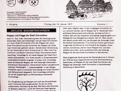 1977. Entscheidung des Gemeinderats Dornstetten für das von Eleonore Kötter neu gestaltete Wappen der Stadt.