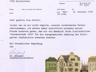 1979.  Dankschreiben des Stuttgarter Direktors des Stadtarchivs Dr. Leipner für den Linolschnitt 